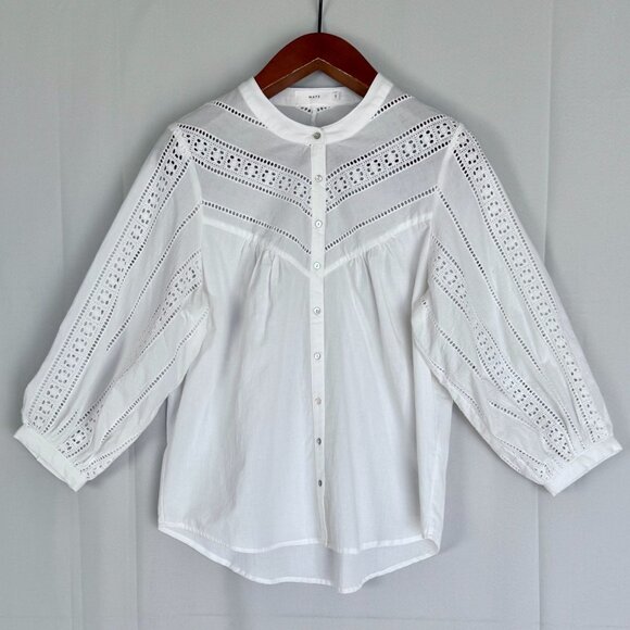 Maye The Fleur Cotton White Eyelet Embroidered 3/4 Ballon Sleeve Blouse Small - Picture 2 of 14